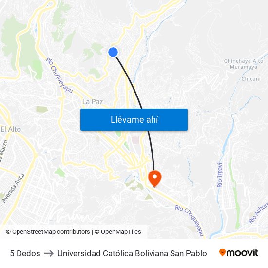 5 Dedos to Universidad Católica Boliviana San Pablo map