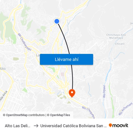 Alto Las Delicias to Universidad Católica Boliviana San Pablo map