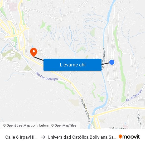 Calle 6 Irpavi II - Ida to Universidad Católica Boliviana San Pablo map