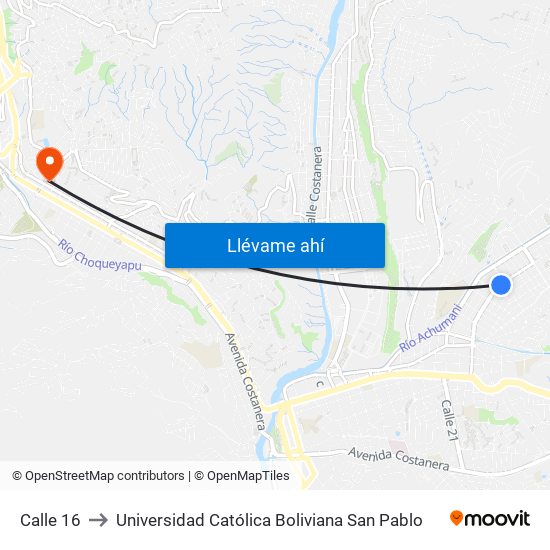 Calle 16 to Universidad Católica Boliviana San Pablo map