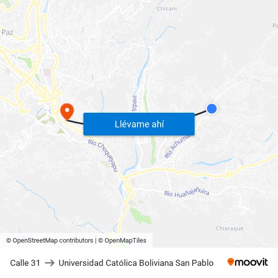 Calle 31 to Universidad Católica Boliviana San Pablo map