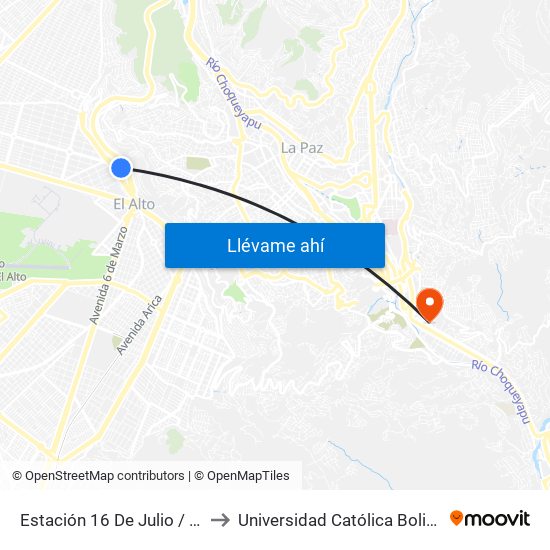 Estación 16 De Julio / Jach'A Qhathu to Universidad Católica Boliviana San Pablo map