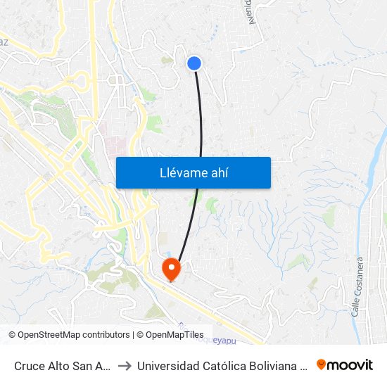 Cruce Alto San Antonio to Universidad Católica Boliviana San Pablo map