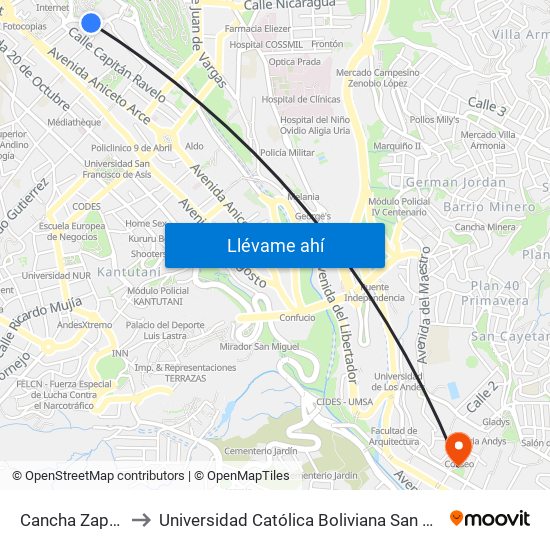 Cancha Zapata to Universidad Católica Boliviana San Pablo map