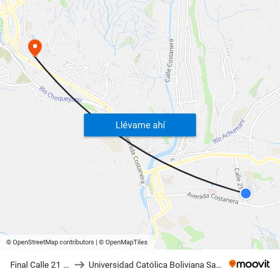 Final Calle 21 - Ida to Universidad Católica Boliviana San Pablo map