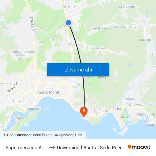 Supermercado Acuenta to Universidad Austral Sede Puerto Montt map