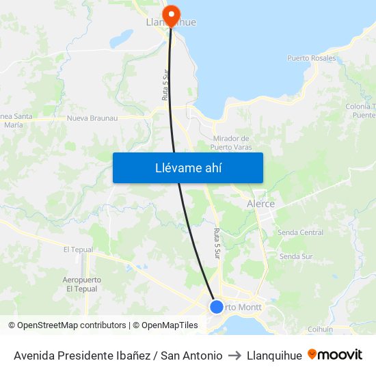 Avenida Presidente Ibañez / San Antonio to Llanquihue map