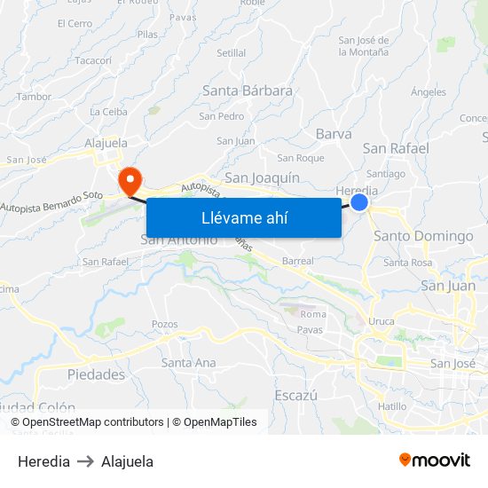 Heredia to Alajuela map