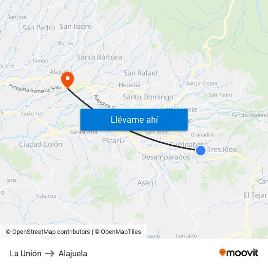 La Unión to Alajuela map