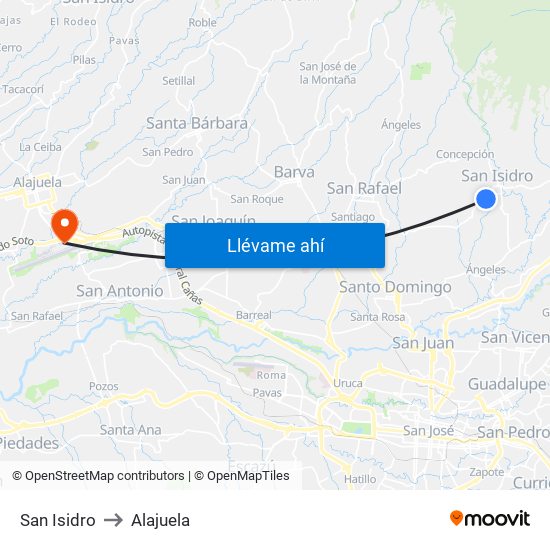 San Isidro to Alajuela map