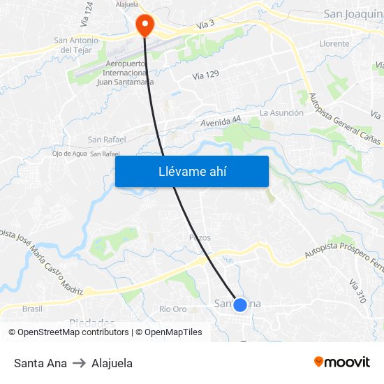 Santa Ana to Alajuela map