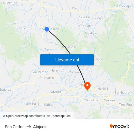 San Carlos to Alajuela map