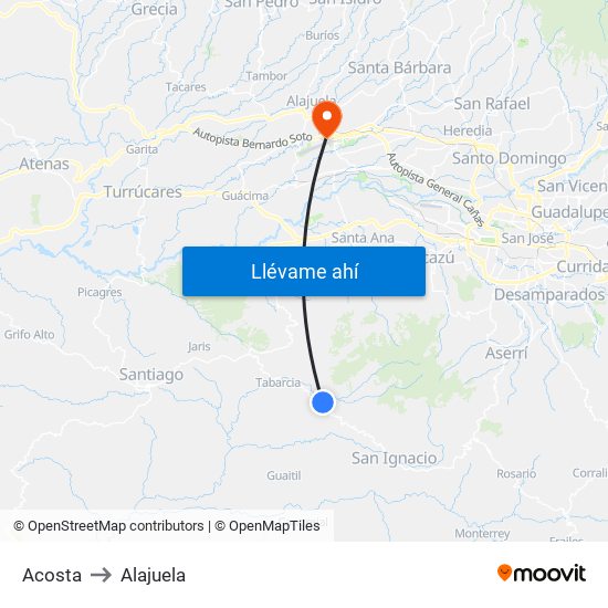 Acosta to Alajuela map