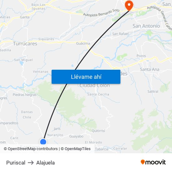 Puriscal to Alajuela map