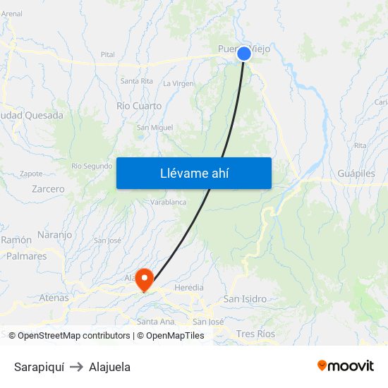 Sarapiquí to Alajuela map