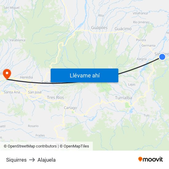 Siquirres to Alajuela map