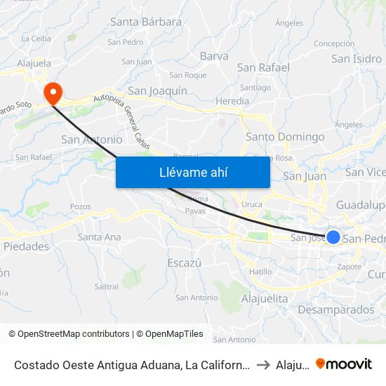 Costado Oeste Antigua Aduana, La California San José to Alajuela map