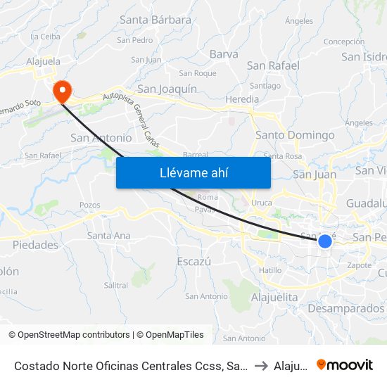 Costado Norte Oficinas Centrales Ccss, San José to Alajuela map
