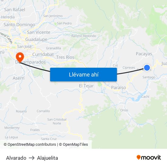 Alvarado to Alajuelita map