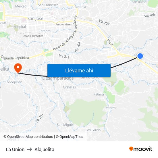 La Unión to Alajuelita map