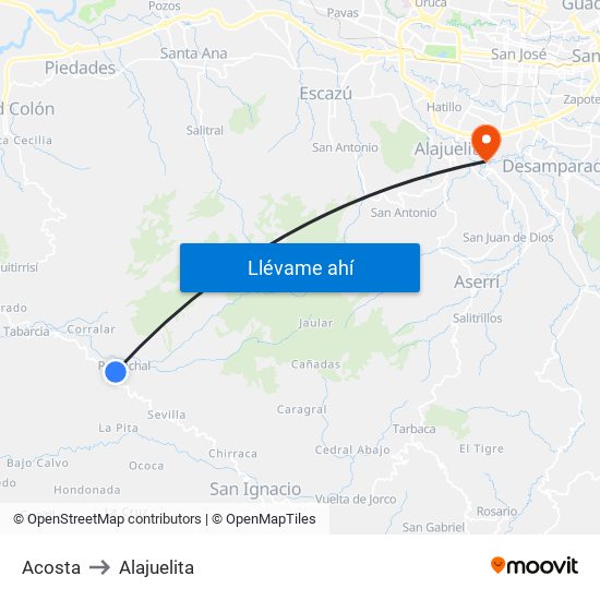 Acosta to Alajuelita map
