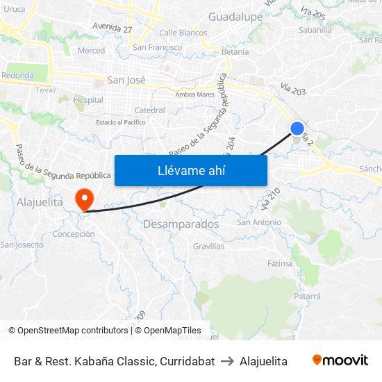 Bar & Rest. Kabaña Classic, Curridabat to Alajuelita map
