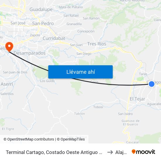 Terminal Cartago, Costado Oeste Antiguo Banco Crédito Agricola to Alajuelita map