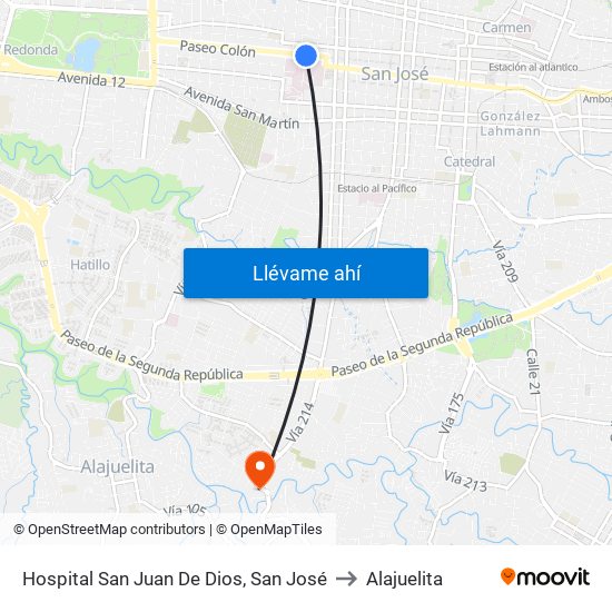 Hospital San Juan De Dios, San José to Alajuelita map