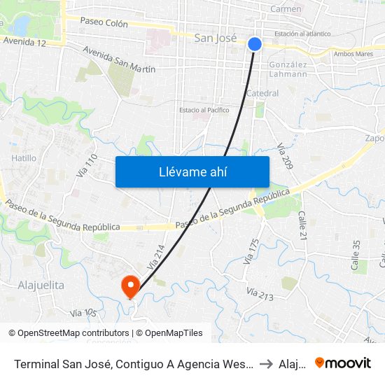 Terminal San José, Contiguo A Agencia Western Union Avenida Segunda to Alajuelita map