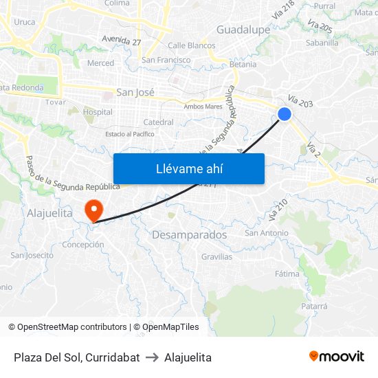 Plaza Del Sol, Curridabat to Alajuelita map