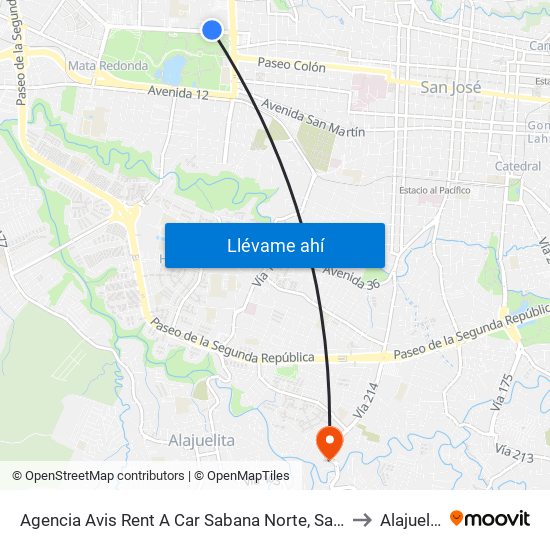 Agencia Avis Rent A Car Sabana Norte, San José to Alajuelita map