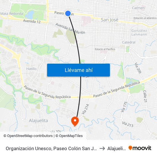 Organización Unesco, Paseo Colón San José to Alajuelita map