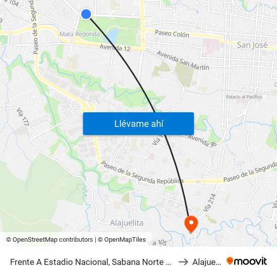 Frente A Estadio Nacional, Sabana Norte San José to Alajuelita map
