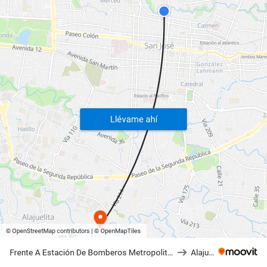 Frente A Estación De Bomberos Metropolitana Norte, San José to Alajuelita map