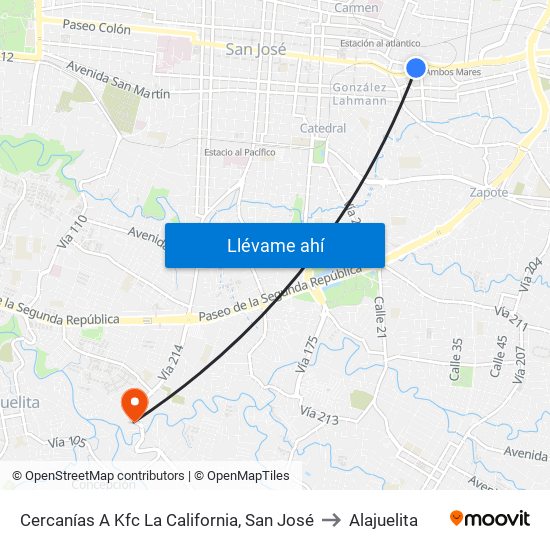 Cercanías A Kfc La California, San José to Alajuelita map