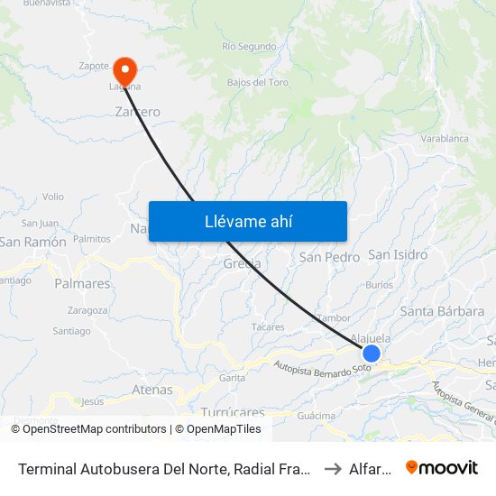 Terminal Autobusera Del Norte, Radial Francisco J. Orlich Alajuela to Alfaro Ruiz map