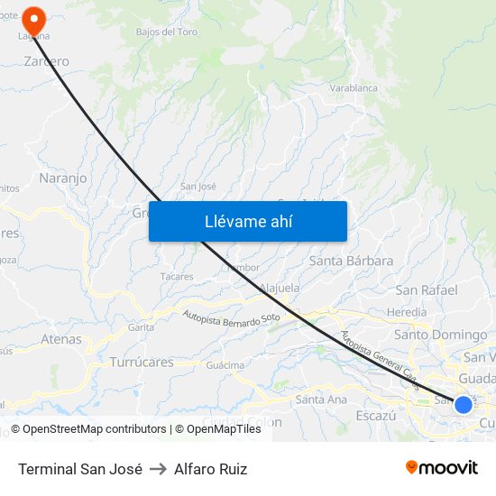 Terminal San José to Alfaro Ruiz map