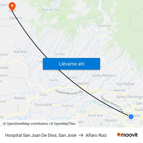 Hospital San Juan De Dios, San José to Alfaro Ruiz map