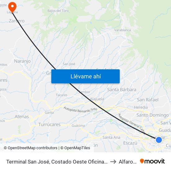 Terminal San José, Costado Oeste Oficinas Centrales Ccss to Alfaro Ruiz map