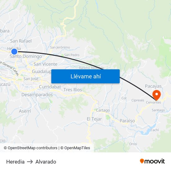 Heredia to Alvarado map