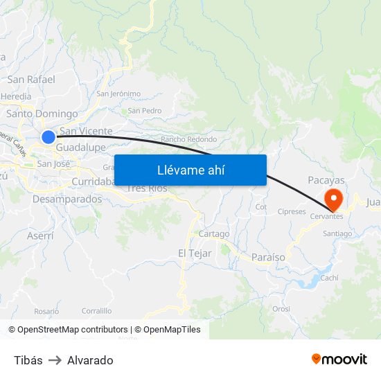 Tibás to Alvarado map