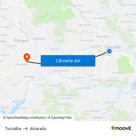Turrialba to Alvarado map