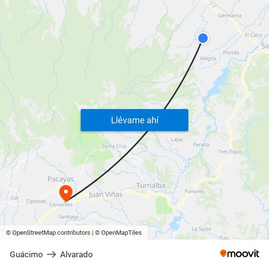 Guácimo to Alvarado map