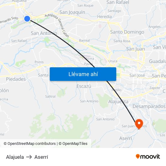 Alajuela to Aserrí map