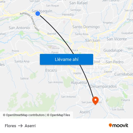 Flores to Aserrí map