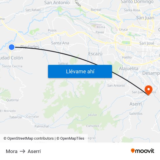 Mora to Aserrí map