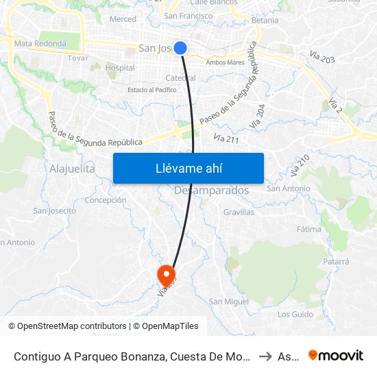 Contiguo A Parqueo Bonanza, Cuesta De Moras San José to Aserrí map