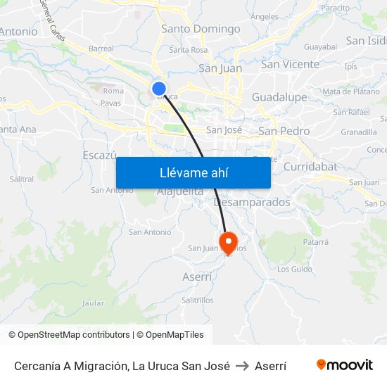 Cercanía A Migración, La Uruca San José to Aserrí map