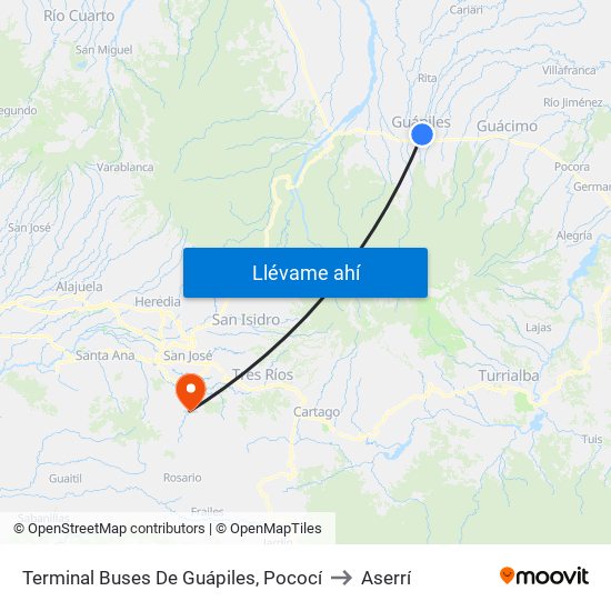 Terminal Buses De Guápiles, Pococí to Aserrí map