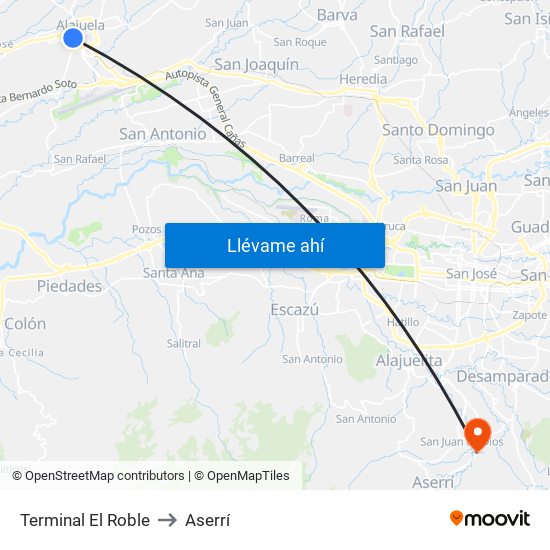 Terminal El Roble to Aserrí map